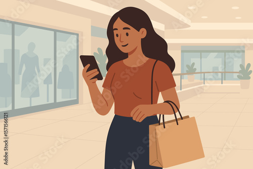 Modern woman shopping at mall holding paper bag and using smartphone. Fashionable female customer browsing online, retail store background, trendy lifestyle vector illustration