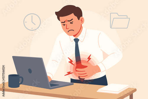 Office worker experiencing stomach pain, abdominal discomfort, gastrointestinal disease, stress-induced stomachache, workplace health problem, medical insurance, healthcare concept