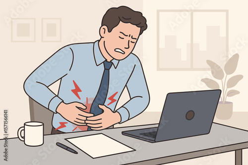 Working man suffering severe stomach pain, stress-induced gastrointestinal disease, irritable bowel syndrome. Healthcare, medical, insurance concept.