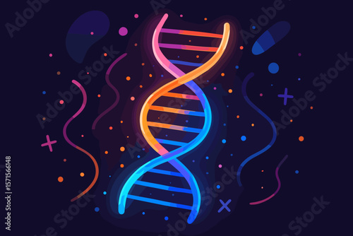 Abstract luminous DNA molecule. Genetic gene manipulation concept. Biotechnology science background. Futuristic neon helix spiral. Genome research vector cartoon illustration.
