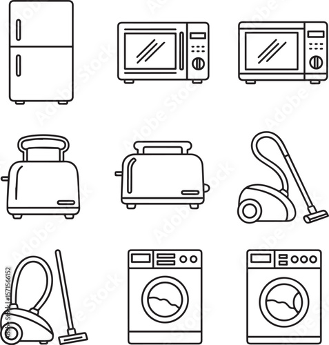 Household appliances refrigerator microwave toaster vacuum cleaner washing machine vector