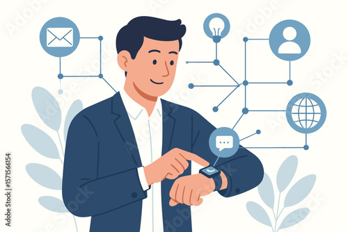 Man interacting with smartwatch app interface. Concept of wearable technology, business communication, network connection, innovation. Modern flat vector cartoon illustration.