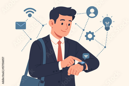 Businessman using smartwatch app for communication. Innovation, technology and business network connection concept. Modern flat vector cartoon illustration with tech icons.