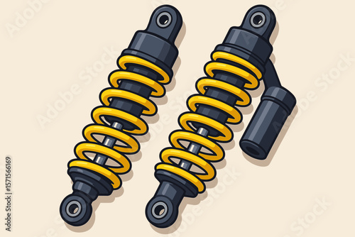 Motorcycle Shock Absorbers Vector Illustration. Yellow Coil Springs, Suspension Parts, Modern Flat Design. Mechanical Engineering, Auto Repair, Vehicle Maintenance Concept