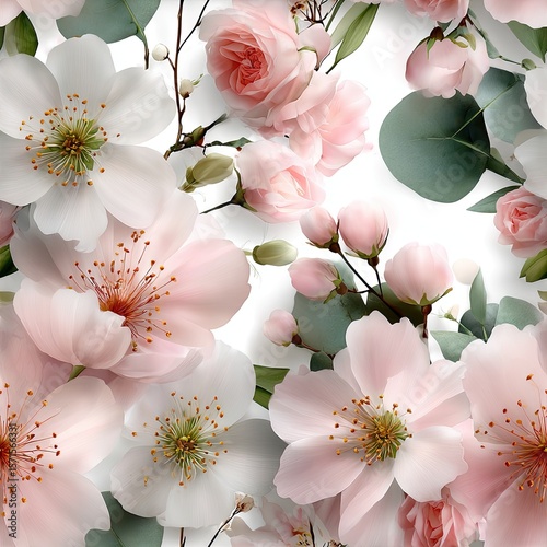 Delicate watercolor flowers in pastel pink and light green hues create a harmonious and sophisticated seamless pattern for various uses SEAMLESS PATTERN