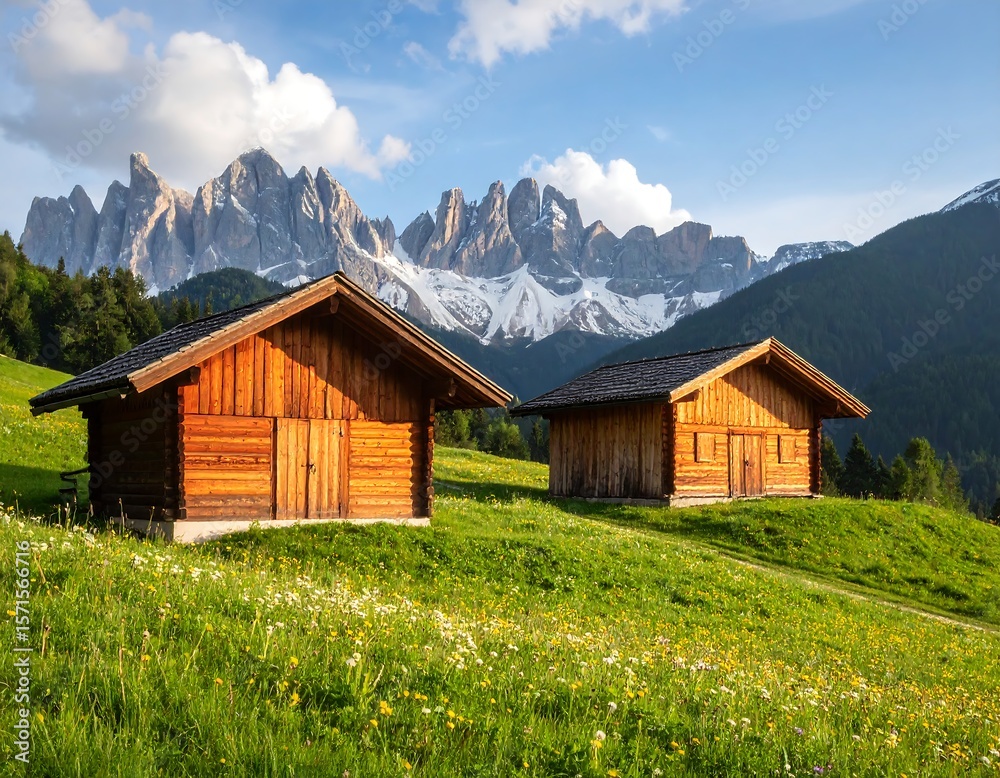 Obraz premium Alpine huts in a grassy meadow