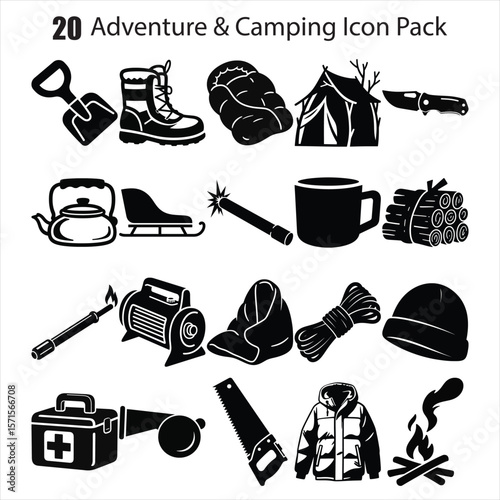 A set of black and white camping and adventure icons featuring various outdoor equipment items silhouette