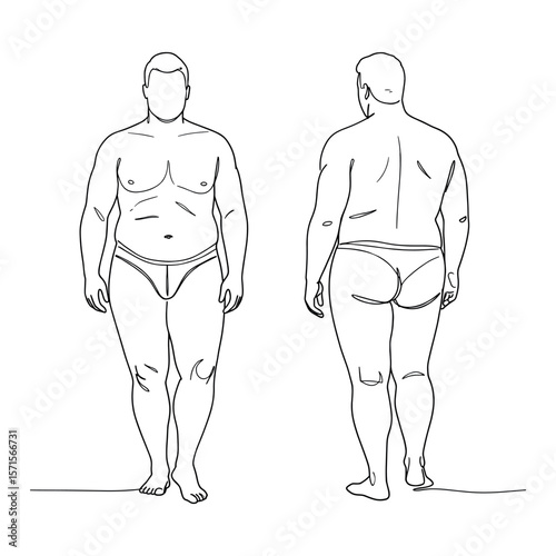 Minimalist line art illustration of a plus-size male figure from front and back views