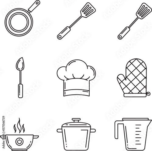 Kitchen Utensils Chef Hat Cooking Pots Spatula Oven Mitt Measuring Cup vector