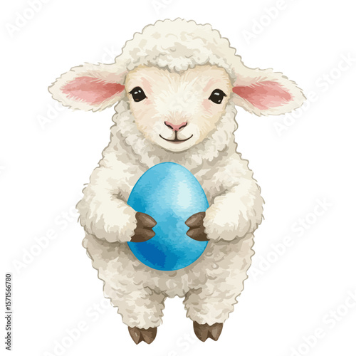 Isolated, cute lamb holding blue egg illustration on white background  