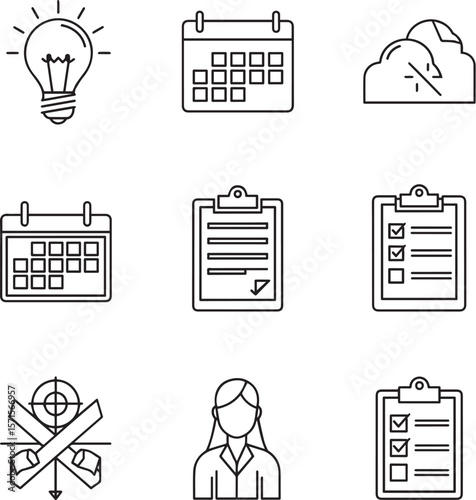 Lightbulb calendar clipboard checklist target person idea date