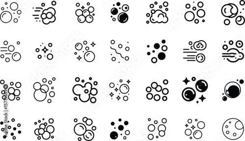 Collection of clean and sparkling bubble icons representing washing and cleaning