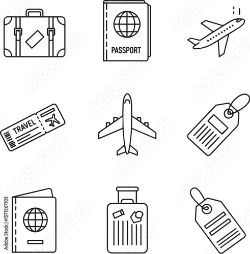 Luggage passport airplane ticket luggage tag travel icons vector