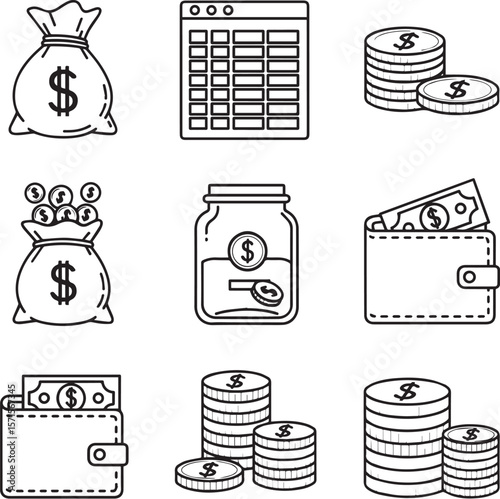Money bags coins wallet spreadsheet jar finance savings