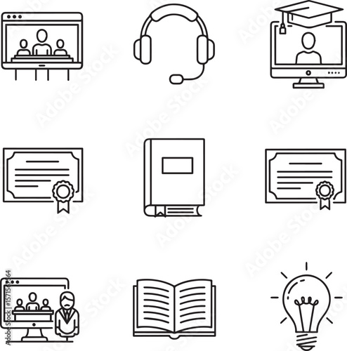 Online learning icons including video conference certificate book and lightbulb education
