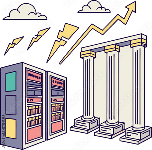 Server infrastructure with lightning bolts and growth chart showing cloud computing power