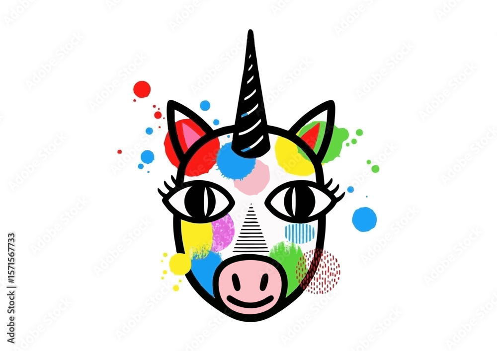 Fototapeta premium Colorful cartoon unicorn with artistic splashes and whimsical expression