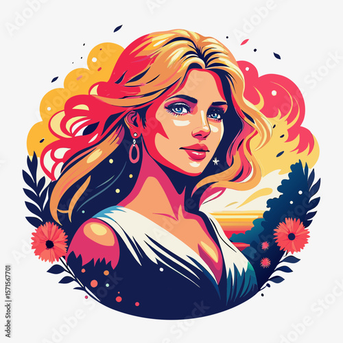 A glamorous fashion illustration of a woman with long blonde hair and red lips, adorned with a butterfly and flowers, captures her unique style and beauty