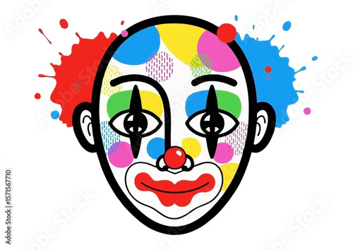 Colorful cartoon clown with artistic splashes and cheerful expression