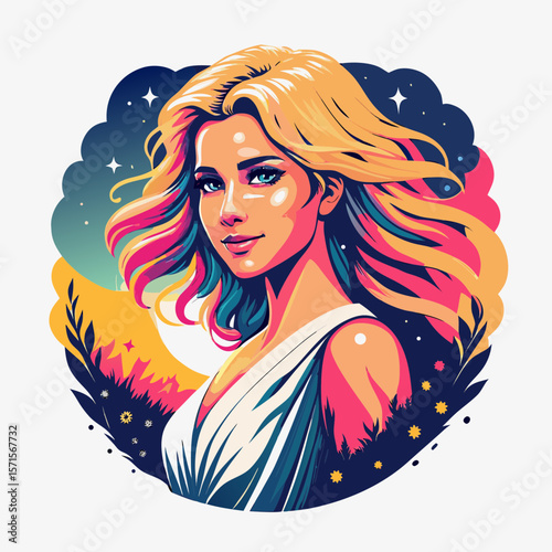 A captivating vector illustration portrays a beautiful blonde woman with flowing hair, a flower, and a butterfly, embodying glamour and artistic design