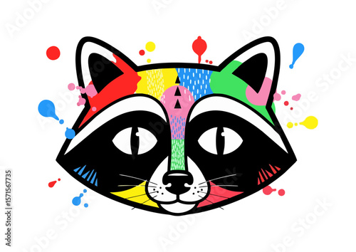 Colorful cartoon raccoon with artistic splashes and cheerful expression