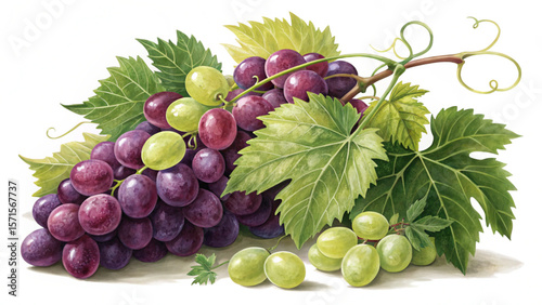 Fresh grapes still life illustration of fruit harvest with leaves and vine for healthy eating art