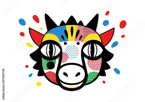 Colorful cartoon goat with artistic splashes and playful expression