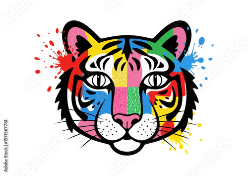 Colorful cartoon tiger with artistic splashes and fierce expression