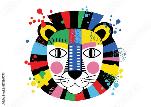 Colorful cartoon lion with artistic splashes and bold expression