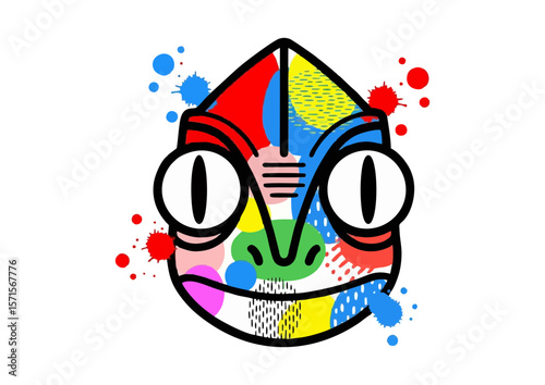 Colorful cartoon chameleon with artistic splashes and unique expression