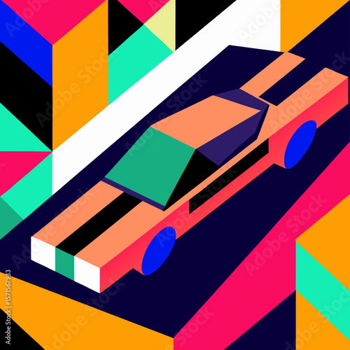 Retro Futuristic Car Illustration, Geometric Design