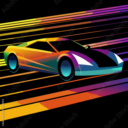 Retro 80s Sports Car Speeding, Colorful Graphic Design