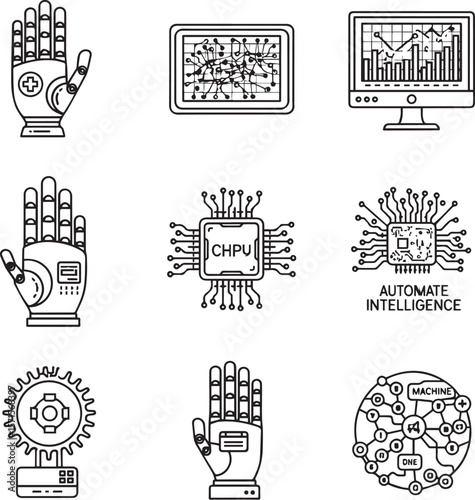 Robotic hands circuit boards computer screen gear vector