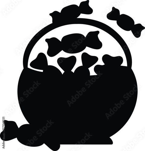 Candy Basket Silhouette Vector with Wrapped Candies - Black Icon for Halloween, Treats, or Sweet-Themed Concepts
