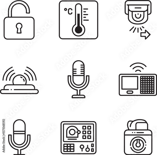 Security technology icons including lock thermometer microphone and control panel unlock temperature