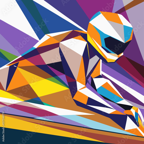 Abstract Low Poly Skier in Colorful Geometric Style
