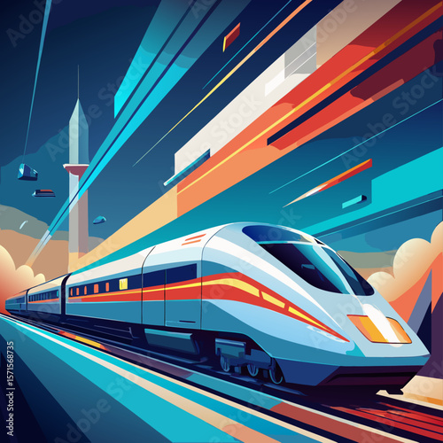 High-Speed Train Traveling Through Modern Cityscape