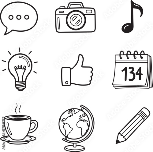 Speech bubble lightbulb camera music note thumbs up calendar coffee cup globe pencil vector