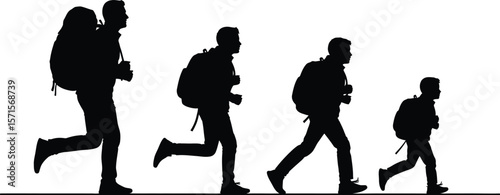 Silhouette of hikers running with backpacks, hiking adventure, outdoor activity, travel and tourism concept