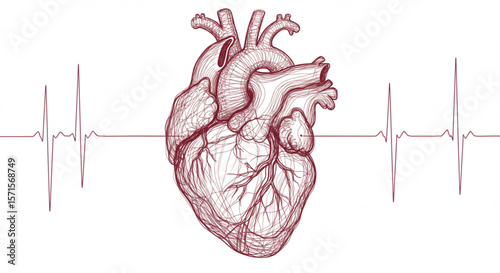 Illustration of anatomical heart with heartbeat line for medical use and awareness