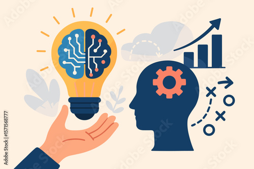 AI machine learning for business strategy, planning and growth. Hand holds light bulb with digital brain. Metaphor for new ideas, inspiration, creativity, and data analysis.