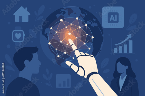 AI machine learning concept. Robot hand touching global network. Future technology changing human society, business and lifestyle. Big data, innovation and futuristic world.