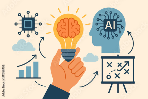 AI and machine learning concept. Hand holding a light bulb with a brain inside. Using artificial intelligence to create business strategy, plans, and new ideas for growth.