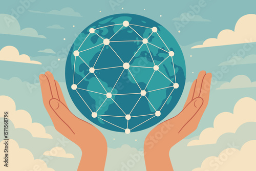 Hands holding Earth globe with network connection. Concept globalization, communication, data, technology, internet, sustainability, ESG. Flat vector cartoon illustration.
