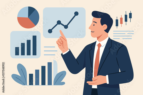 Businessman analyzing financial data charts and graphs. Stock market investment and trading concept. Corporate manager presenting growth strategy. Modern flat vector cartoon.