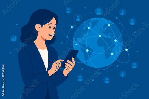 Business woman with smartphone on global network background. Digital marketing, customer data connection, innovation. Worldwide communication technology and social media concept.