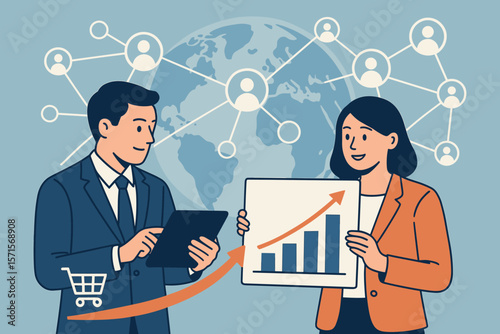 Business growth e-commerce global market. Team analyzing sales data. People holding tablet and graph chart. Customer network connection. Online shopping success concept vector.