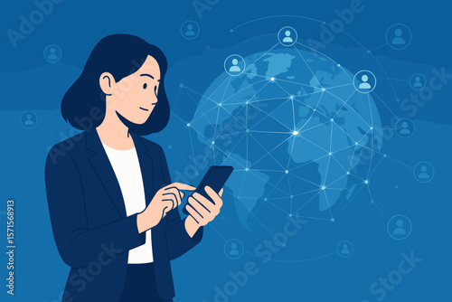 Businesswoman with smartphone on a global network background. Customer data connection, digital marketing, and innovative technology concept for worldwide communication.