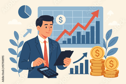 Businessman Analyzing Financial Growth Data, Calculating Long-Term Investment Returns, Digital Profitability Charts, Positive Company Performance Indicators, Revenue Increase, 2026 Forecast