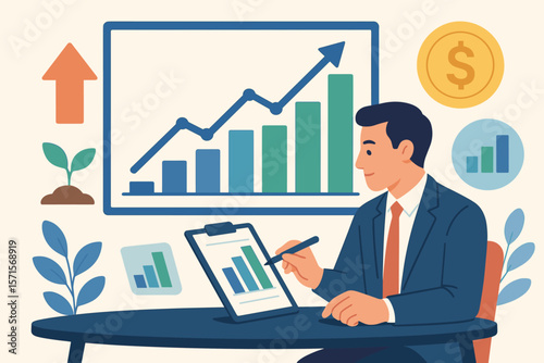 Businessman Analyzing and Calculating Financial Growth Data for Long-Term Investments, Digital Graphs, Company Profitability, Positive Performance Indicators, and Projected Success in 2026